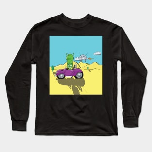 Alien driving a Purple Car in the Desert Landscape with UFO Long Sleeve T-Shirt